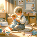 DALL·E 2023-11-19 19.28.55 - A heartwarming and detailed illustration of a child in a sibling preparation class, deeply engaged in play that simulates caring for a new baby. The c